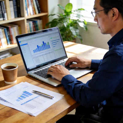 数据分析专家李博士在电脑前工作的侧影